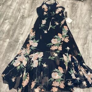 Floral Maxi Dress - Black with Pink and Green Accents
